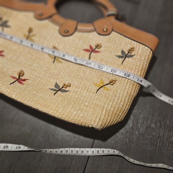 Vtg Fossil Purse Beige Straw Woven Bag Handbag Wooden Handle Boho Floral Beaded - Picture 3 of 13